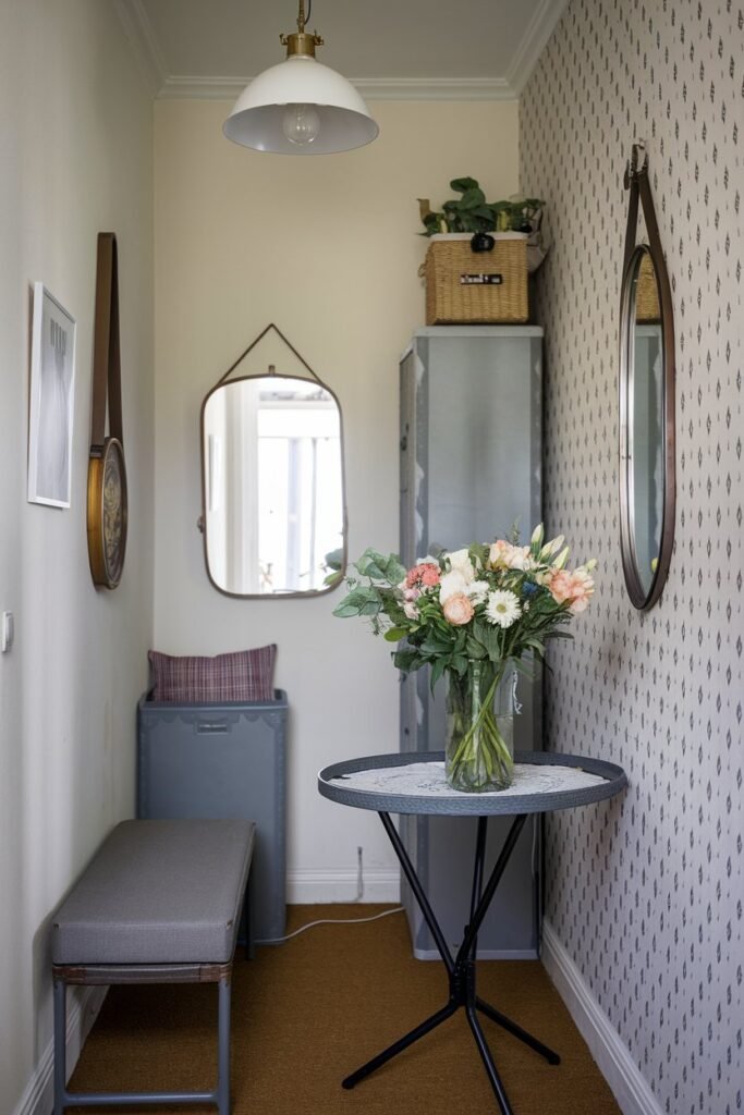 a small hall with hallay decor ideas. There's a table with a vase of flowers. There's a bench against the wall. There's a mirror hanging on the wall. There's a storage unit against the wall. There's a light fixture hanging from the ceiling. The wall has a wallpaper with a pattern.