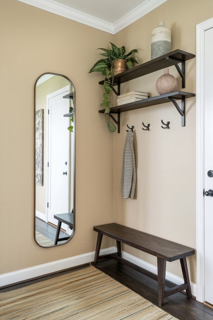 a small hallway with a mirror, storage, and a bench. The hallway has a beige wall, a dark wooden floor, and a white door. There is a tall mirror on the beige wall, a dark wooden bench against the wall, and a few dark wooden shelves above the bench. The shelves have a few items, including a potted plant and a decorative vase.