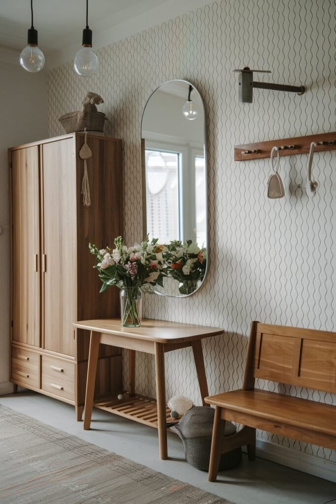 a small hall with hallay decor ideas. There is a mirror on the wall, a wooden table with a vase of flowers, a wooden storage cabinet with doors, and a wooden bench against the wall. There are also hanging lights above the table. The walls have a patterned wallpaper. The floor is covered with a rug.