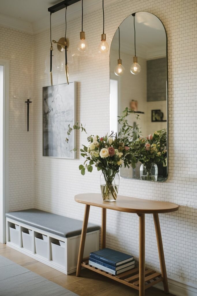 a small hall with hallay decor ideas. There is a mirror on the wall. There is a wooden table with a vase of flowers. There is a storage bench against the wall. There are hanging lights above the table. The walls are covered in a patterned wallpaper.