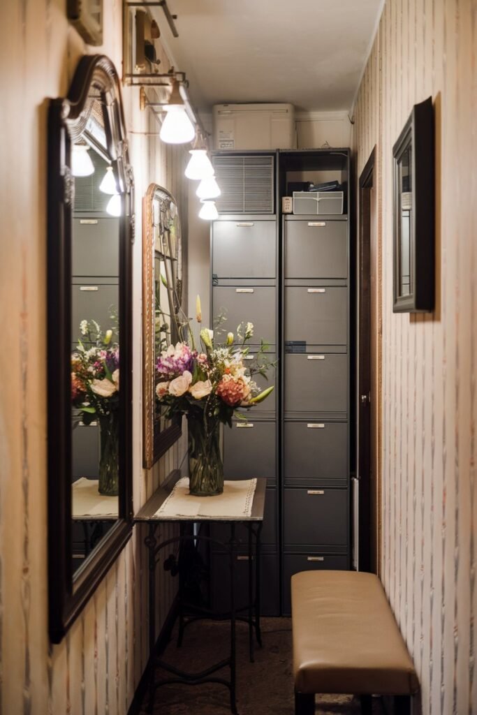 A small hallway with a mirror. There is a table with a vase of flowers beside the mirror. The wall has a wallpaper with a pattern. There is a storage unit against the wall. There are lights hanging above the table. There is a bench at the end of the hallway.