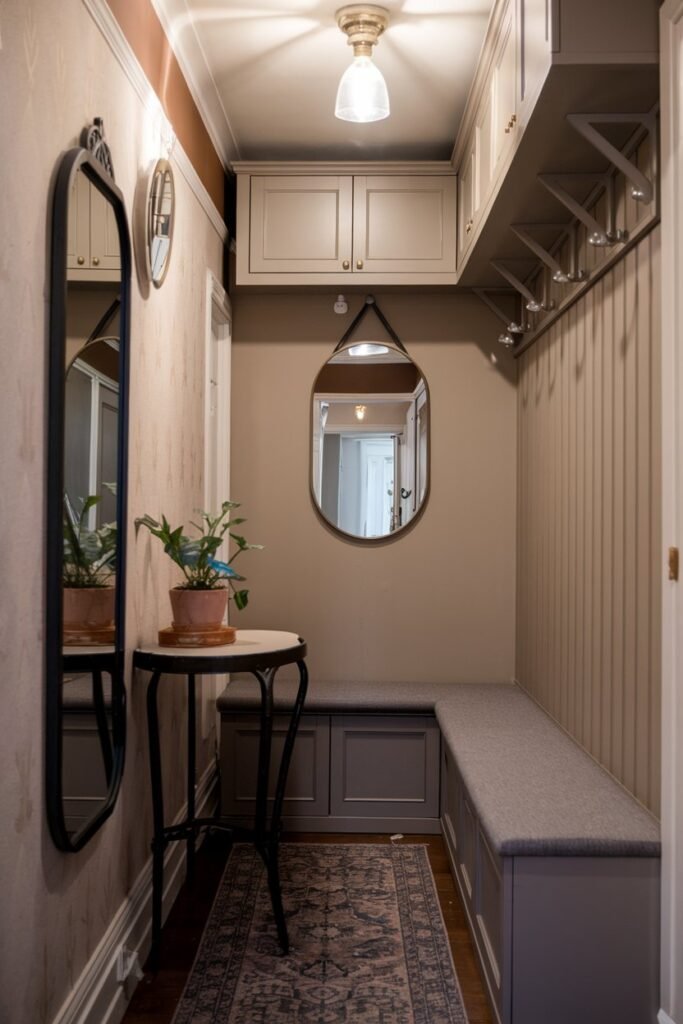 A small hallway with a mirror, table, storage, lights, bench, and wallpaper. The wall is painted in a muted hue, and there is a bench along the wall. A table is placed near the mirror, with a plant on it. There is a shelf above the bench. The floor is covered in a rug. The ceiling has a light fixture. The wallpaper has a subtle pattern.