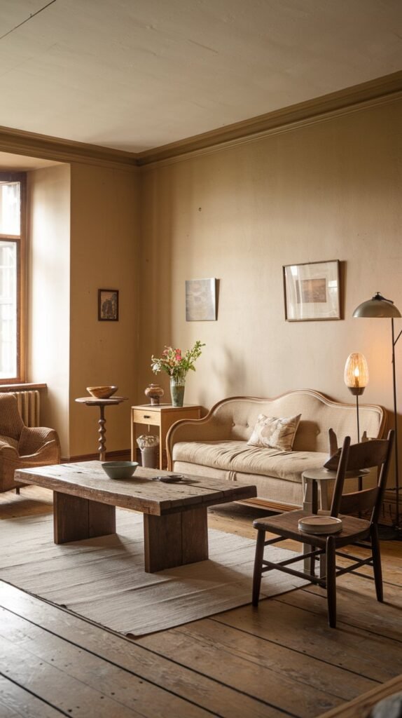 Rustic Wood Coffee Table and Light Rug