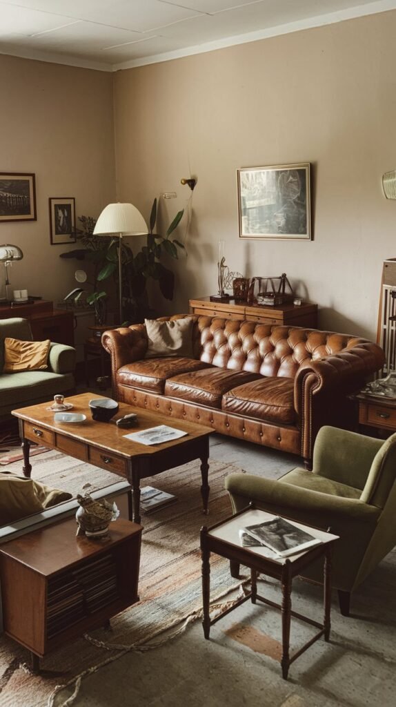 Tufted Leather Sofa and Layered Textiles