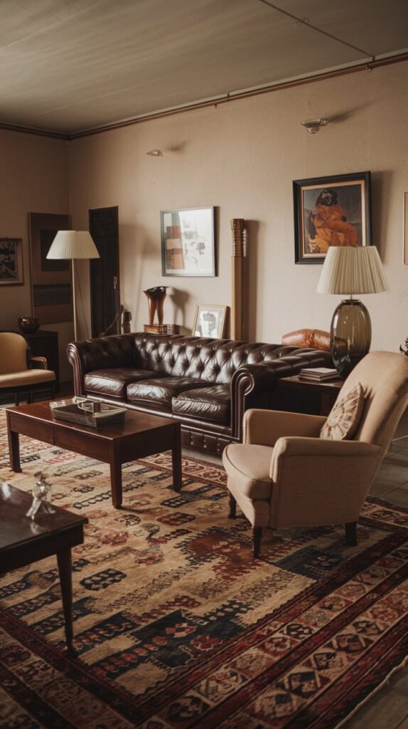 Dark Leather Sofa and Patterned Rug