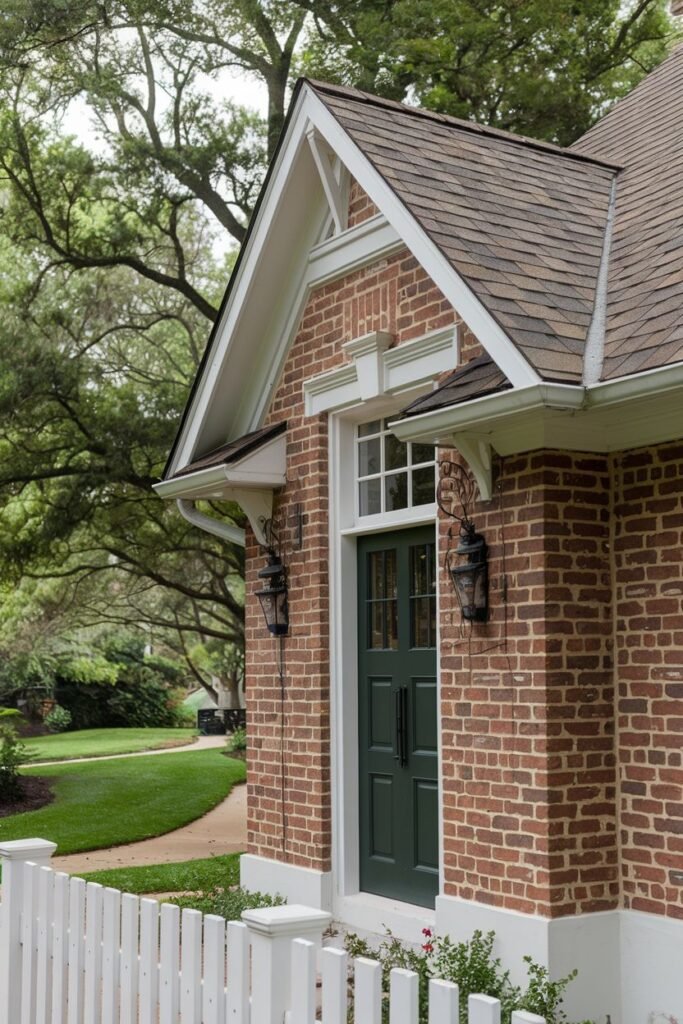 A high-angle close outdoor shot of a building with red brick walls, a dark roof, a white trim and a dark green door. The foreground of the image shows a white picket fence, and the background shows grass and trees.