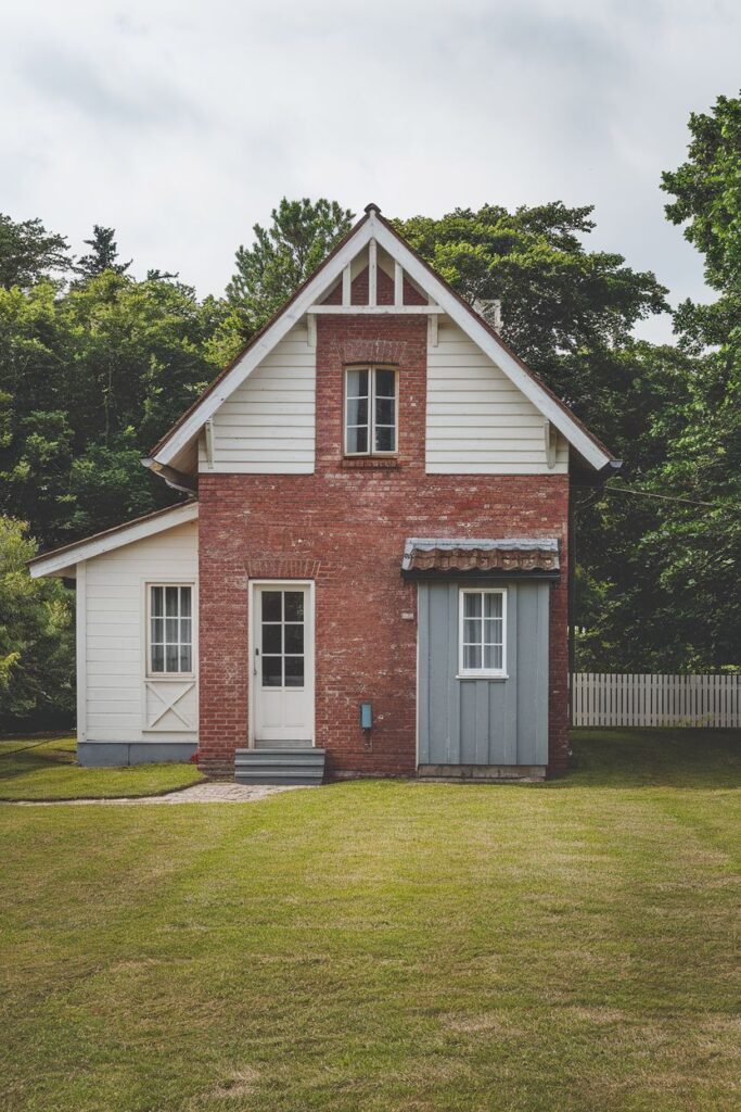 A straight on medium shot of a white house with a red brick section. The house features a white door, and is surrounded by a green lawn and trees.