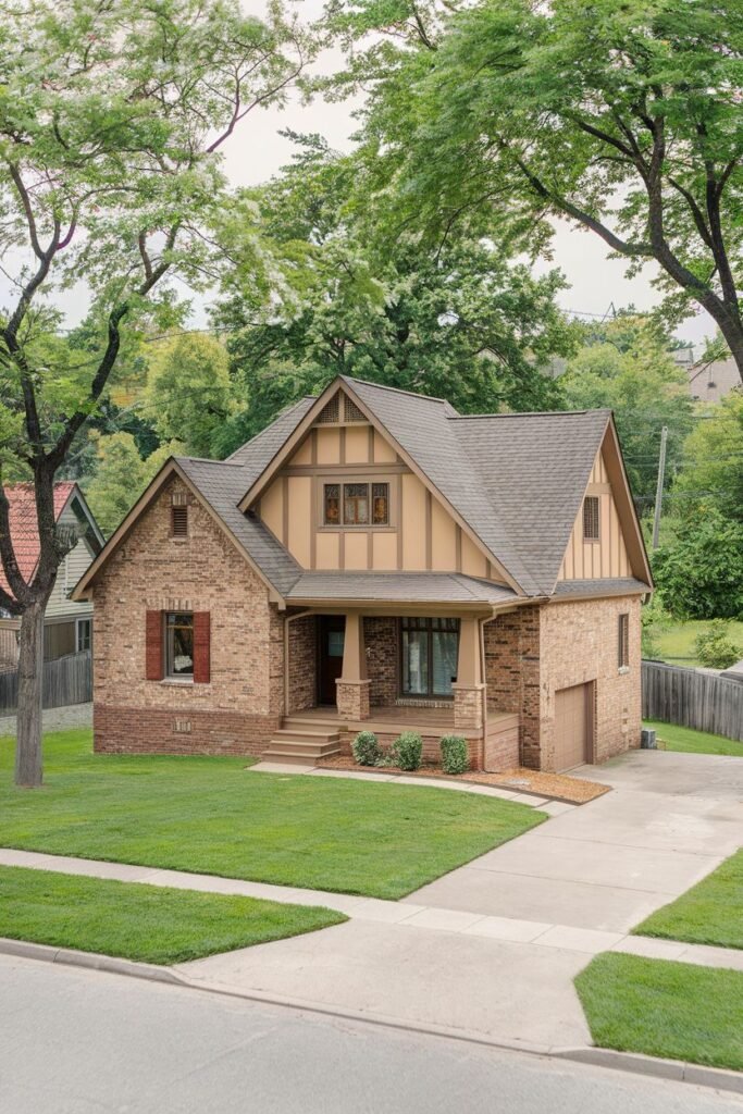 A straight on shot of a two-story brick house with tan accents. The house features a dark roof, a porch with columns, and a paved driveway.