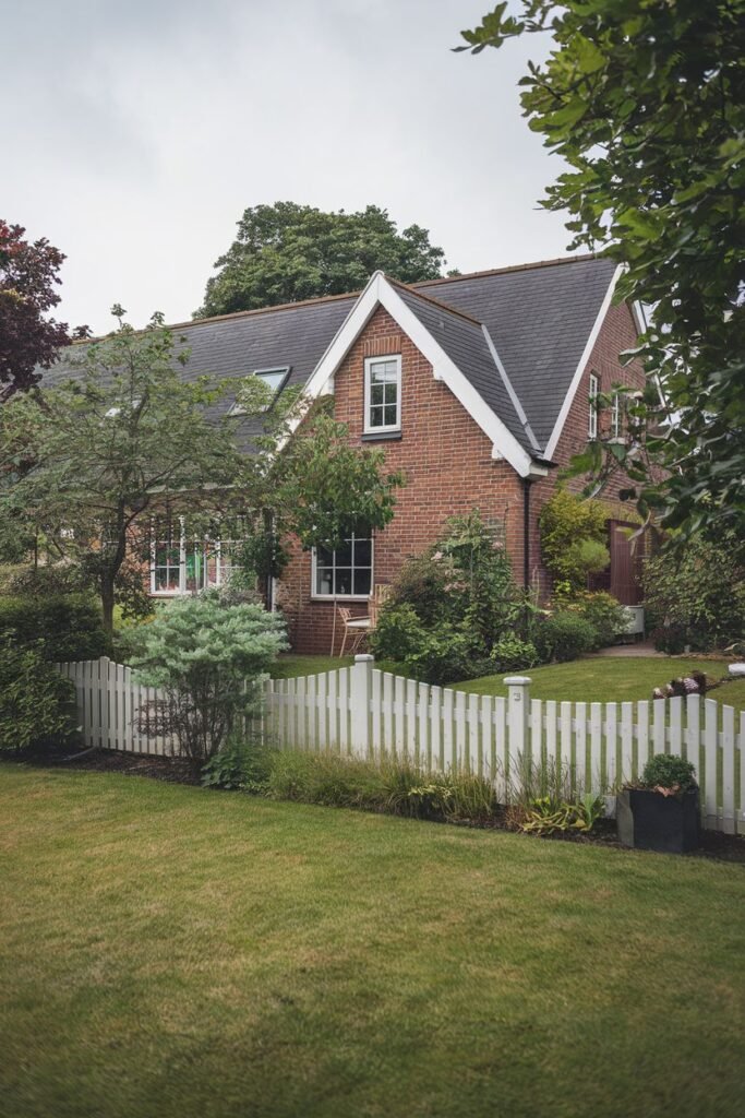 An outdoor, medium shot of a red brick house with a dark roof. The house is surrounded by trees and features a white picket fence.