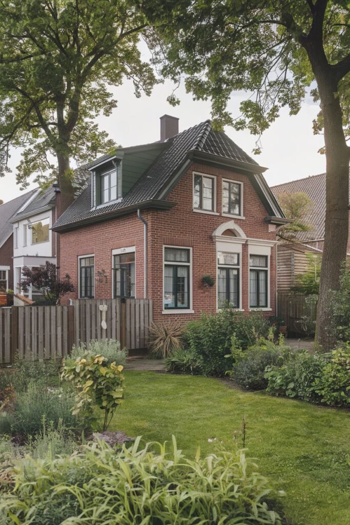 A medium shot of a two-story red brick house with a dark roof and black framed windows. The house is surrounded by green grass, trees, and plants, and there is a wooden fence to the left of the house.