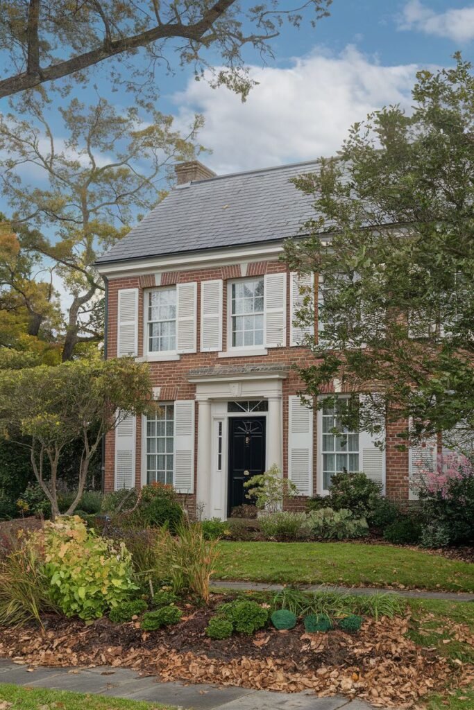 A straight on, medium shot of a red brick house with white shutters and a black door. The house is surrounded by landscaping and trees and in the foreground, there are fallen leaves.