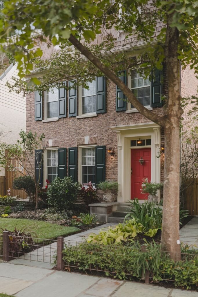 A straight on, medium shot of a red brick house with black shutters and a red door. The house is surrounded by landscaping, a short fence, and trees.