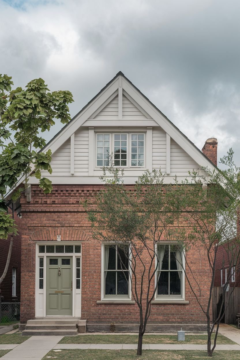 A straight on, medium shot of a red brick house with a white upper half and a green door. The house features two trees in the foreground.