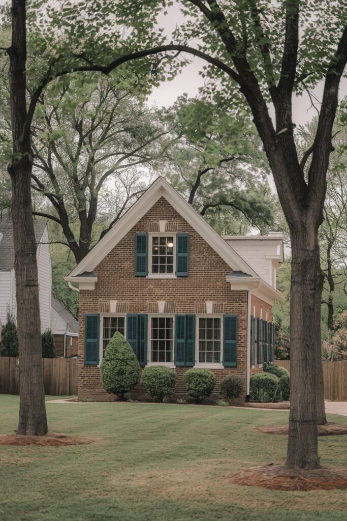 A straight on shot of a red brick house with green shutters, surrounded by tall trees and a green lawn.