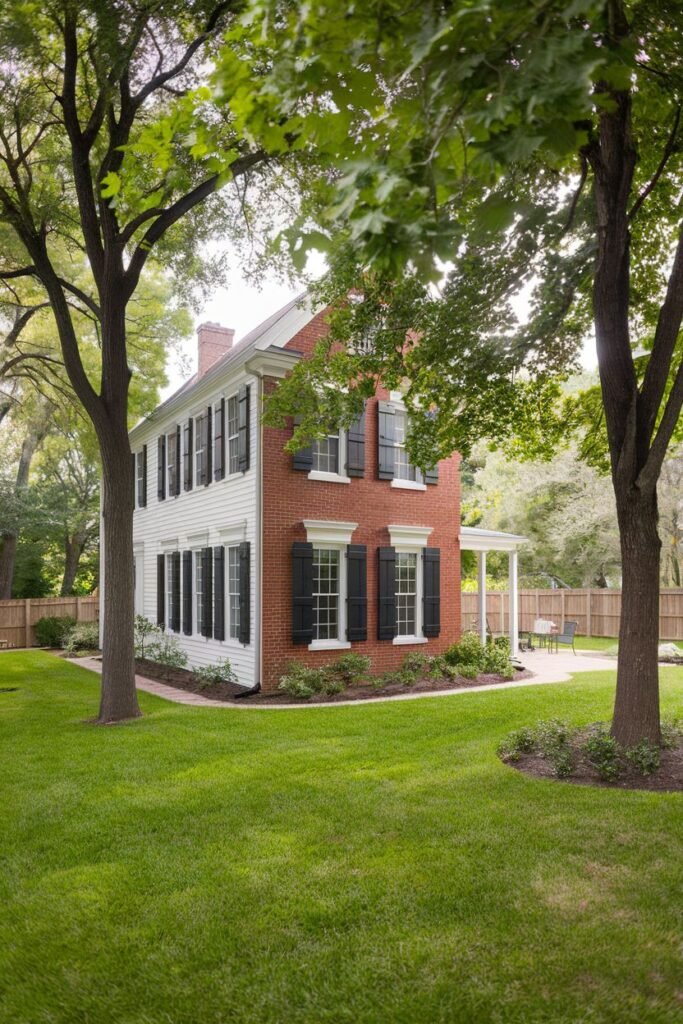 A straight on, medium shot of a two-story house with red brick and white siding, black shutters and a white porch. The house is surrounded by trees and a green lawn.