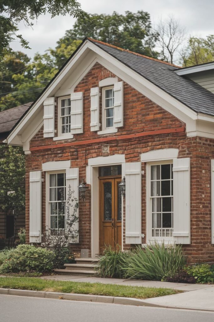 A straight on medium shot of a red brick house with white shutters and a light brown door. The house is surrounded by landscaping and there is a paved road in the foreground.