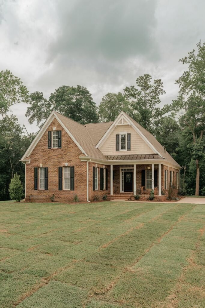 A straight on shot of a brick house with a beige upper level, a porch, columns and black shutters. The house is surrounded by a large green lawn and trees.