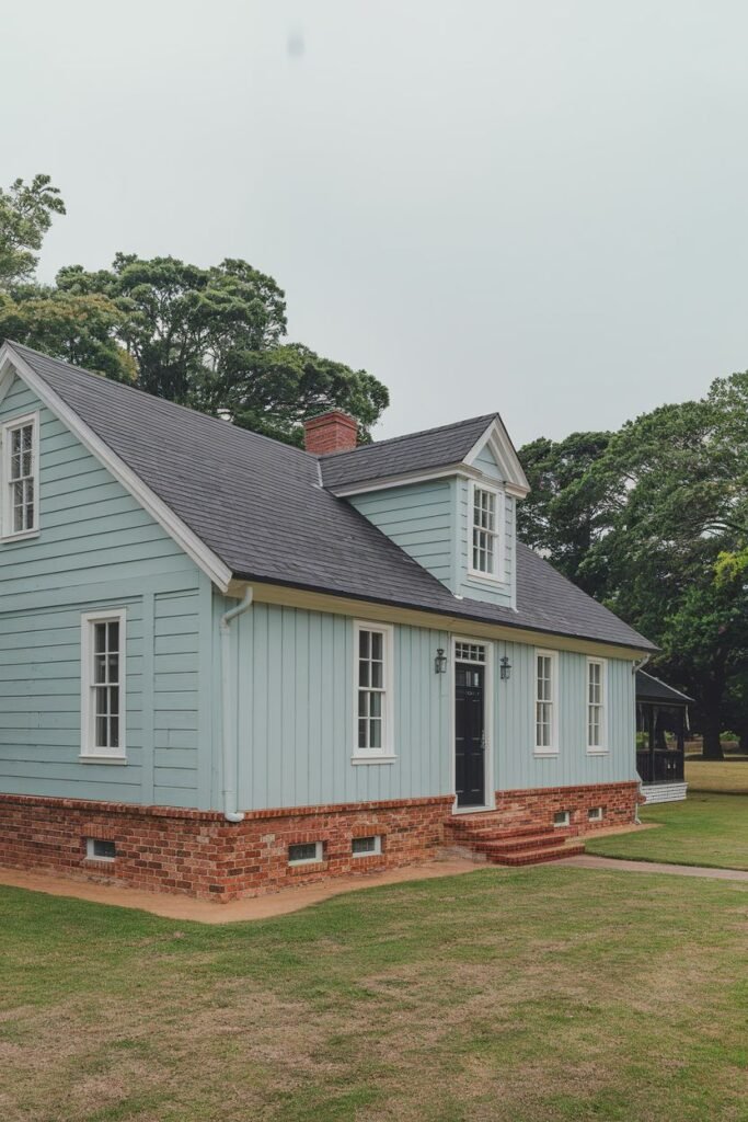 A straight on medium shot of a light blue house with a red brick foundation. The house has a black door and is surrounded by a green lawn and trees.