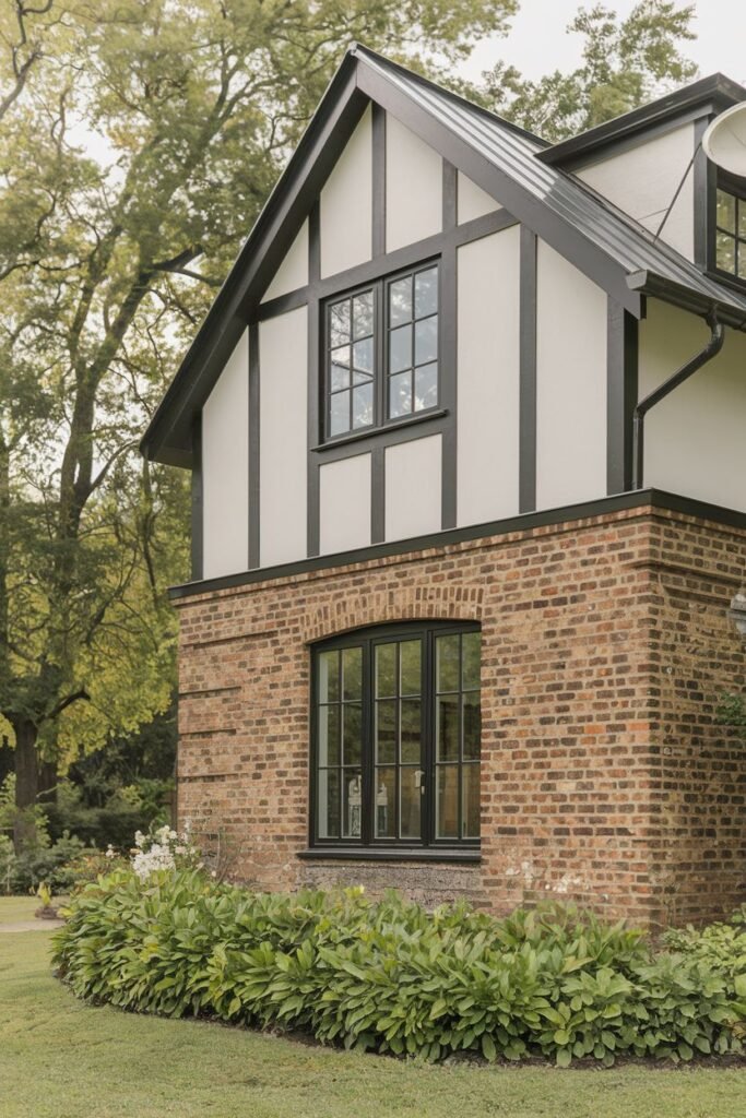 A medium, close outdoor shot of a red brick house with a white upper half and black trim. The house is surrounded by green landscaping and trees.