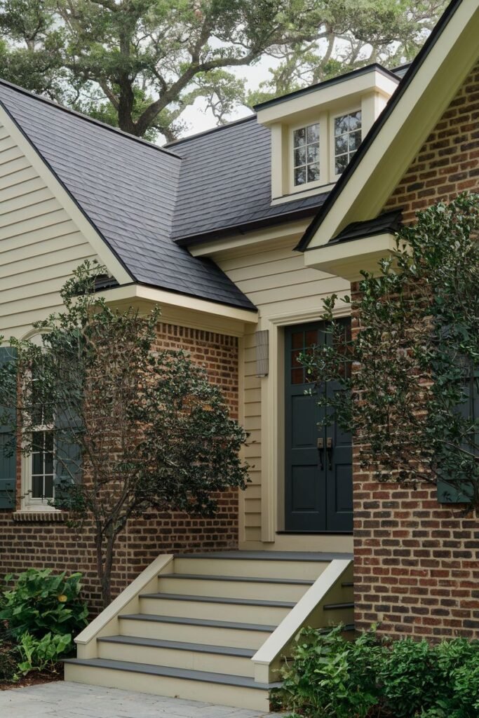 A high-angle medium shot of the front of a house with a yellow siding, brick, a dark roof and a dark front door. The house features a set of steps in the foreground and a bit of landscaping.