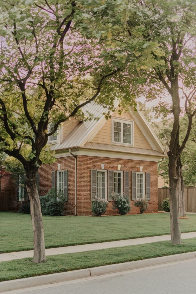 A straight on shot of a red brick house with a tan upper half, a silver roof, and dark shutters. There are trees in the foreground and a green lawn.