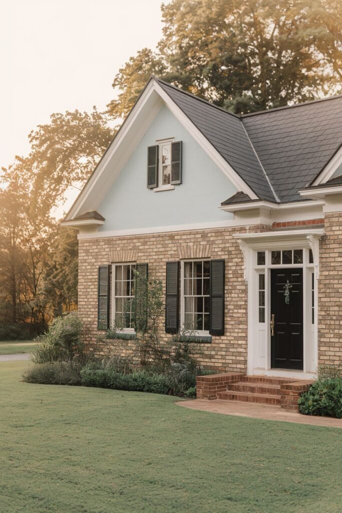 A slightly high-angle, full outdoor shot of a light brick house with a light blue second story. The house features black shutters, a black door, and a dark roof. The yard is a green lawn and there are trees behind the house. The image is taken at sunset, as the lighting suggests.