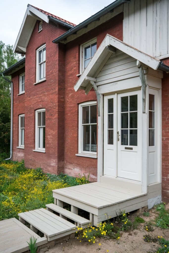 An outdoor shot of a two-story red brick house. The house has a white door and a small, white porch that includes a set of steps. The foreground features a dirt yard and yellow flowers.