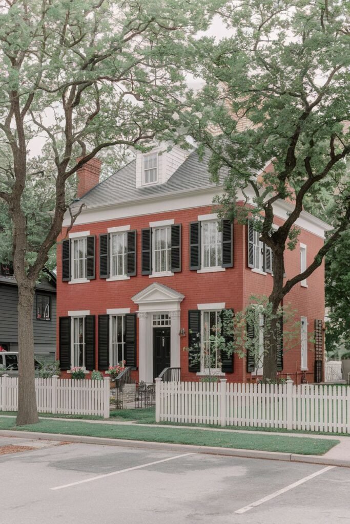 A straight on shot of a two-story red brick house with black shutters and a white door. There are trees surrounding the house, and a white picket fence in the foreground. There is also a parking lot visible in the foreground.