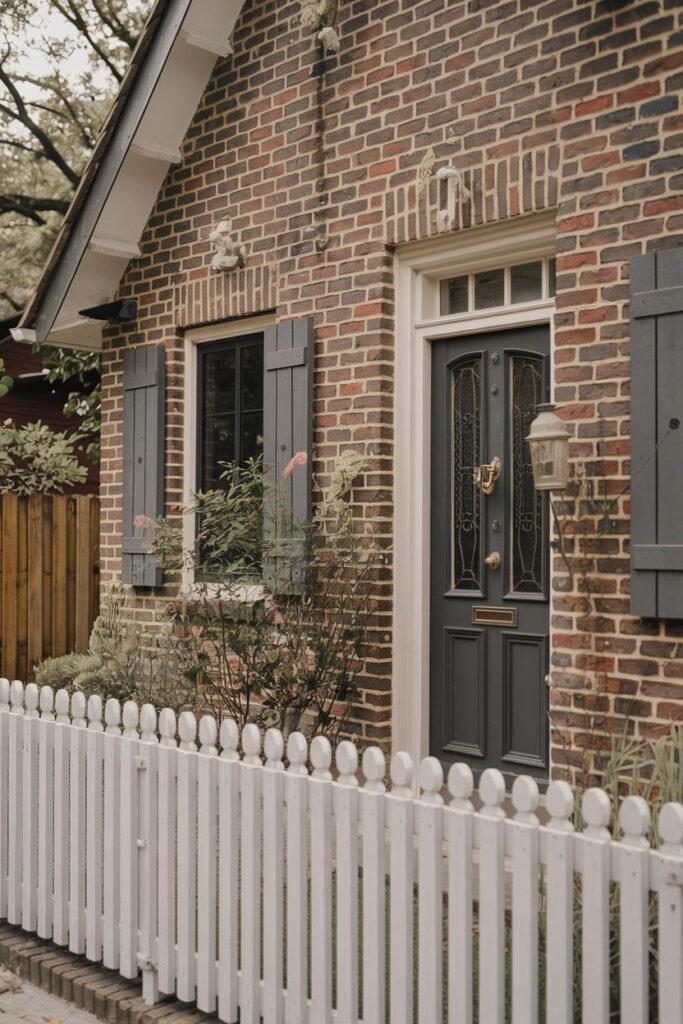 A close up outdoor shot of a red brick house with grey shutters and a dark grey door. The foreground shows a white picket fence.