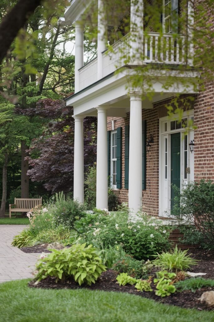 A low angle, medium shot of a red brick building with white columns and a white railing. The house features a green door and shutters, and is surrounded by landscaping.