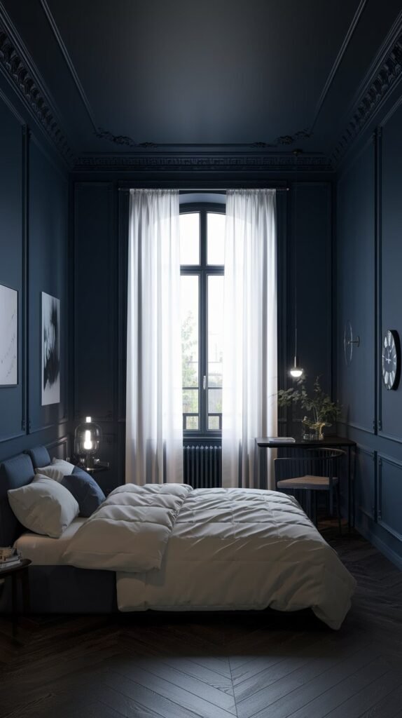 A bedroom with dark blue walls and trim, featuring white curtains, a bed with white linens, and a small table with a chair.