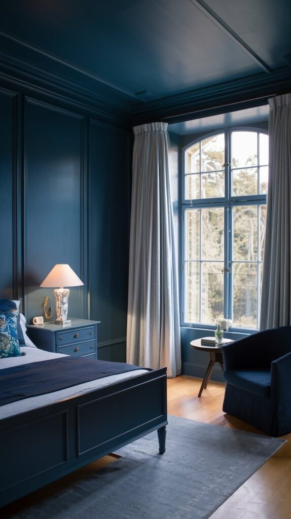 A bedroom with dark blue walls, large windows, light-colored curtains, and a dark blue armchair.