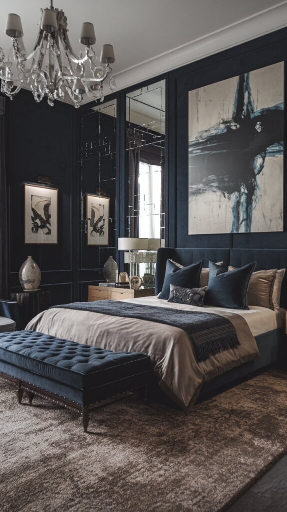 A refined bedroom with dark blue walls, a mirrored wall, a piece of art, a comfortable bed and a bench.