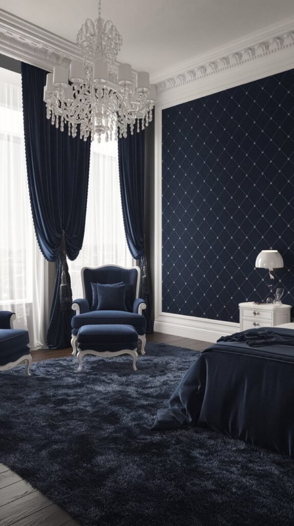 A luxurious blue bedroom with opulent velvet curtains and an upholstered chair, a crystal chandelier, and a patterned wall.