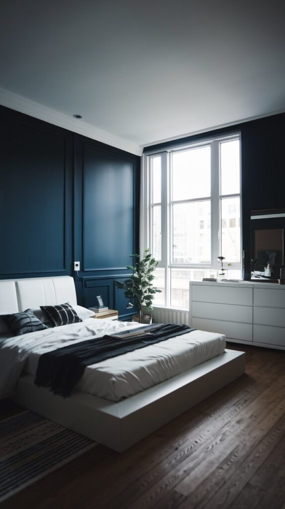 A bedroom with clean lines, dark blue walls, simple furniture, a large window, and dark wood flooring.