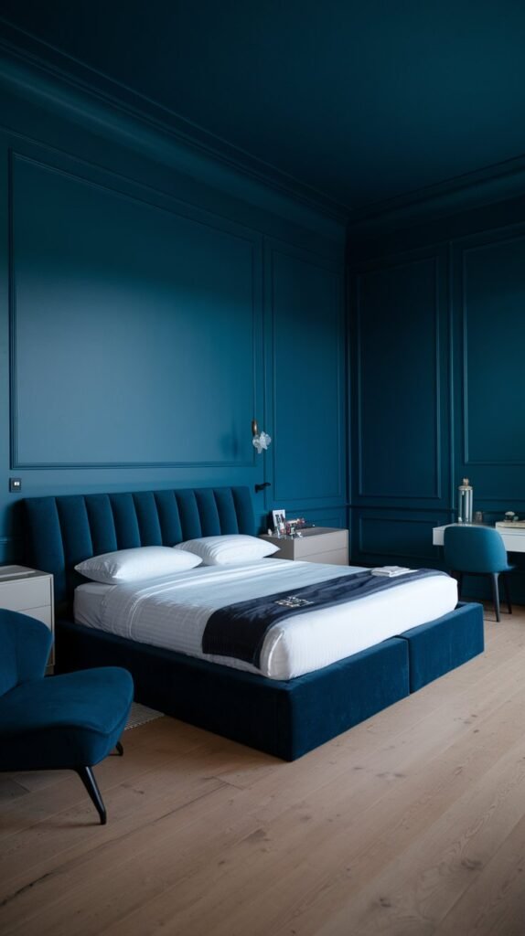 A bedroom with dark blue walls and velvet accents, light wood floors, a blue bed frame, and a blue armchair.