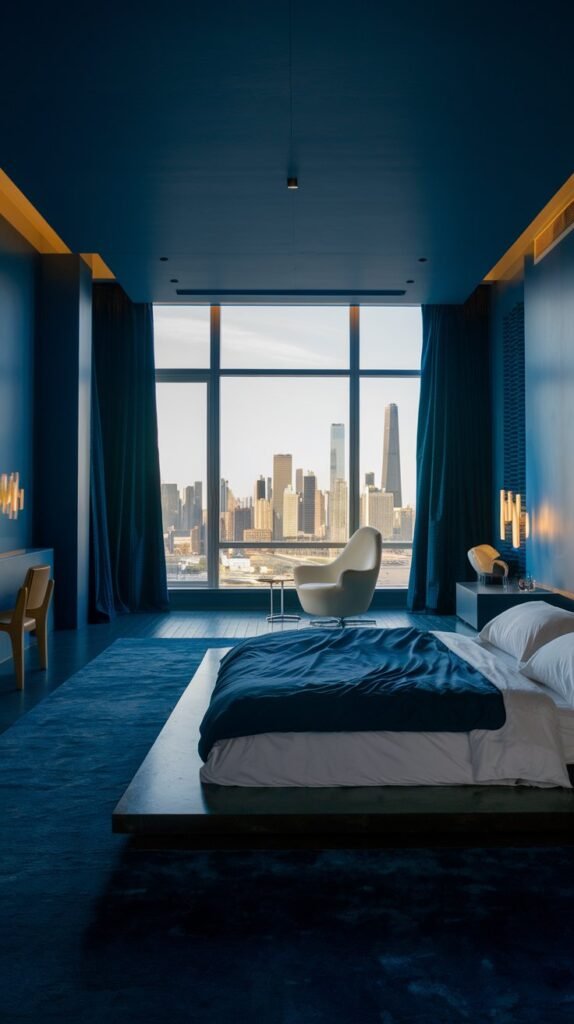 A dark blue bedroom with a large window offering a city view, a blue rug, a platform bed and a white armchair.