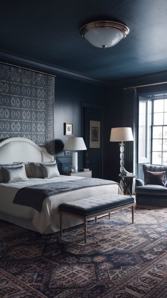 A bedroom with dark blue walls, a patterned wall hanging, a bed with gray and silver pillows, and a large patterned area rug.