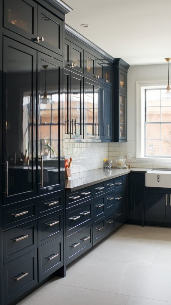 The image depicts a kitchen with dark blue cabinets, dark counters, and light tile floors.