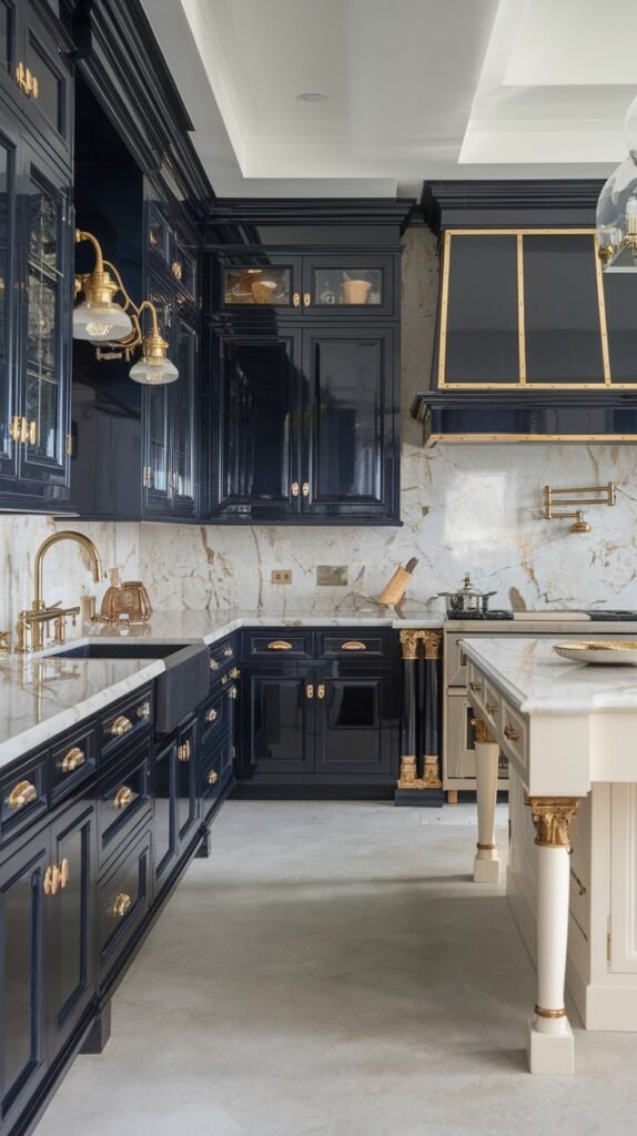 This is an image of a kitchen with dark blue cabinets, gold hardware, a white countertop, and a range with a gold trim.