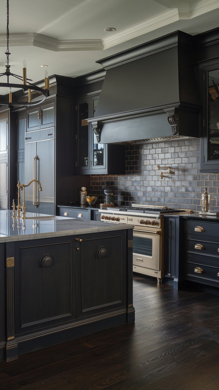 The image shows a kitchen with dark cabinets, gold hardware, a white countertop island, and dark wood floors.