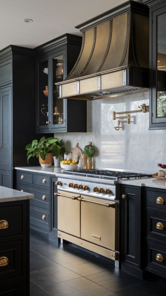 The image shows a kitchen with dark cabinets, a gold range, and a matching gold vent hood.