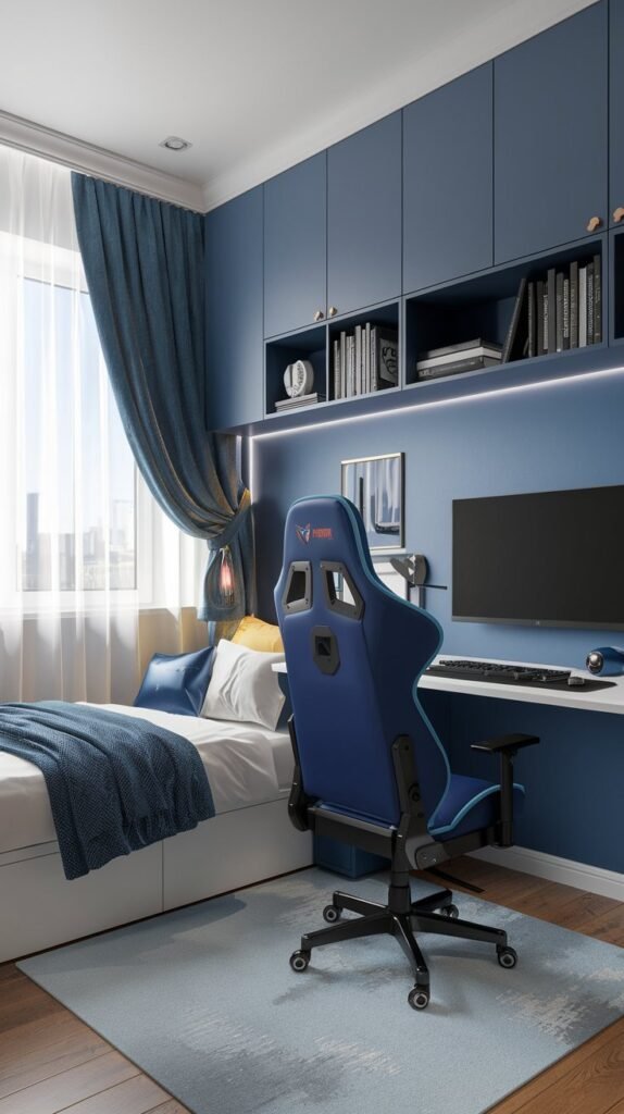 A bedroom with blue walls has a window with blue curtains, a bed, a desk and a blue gaming chair.