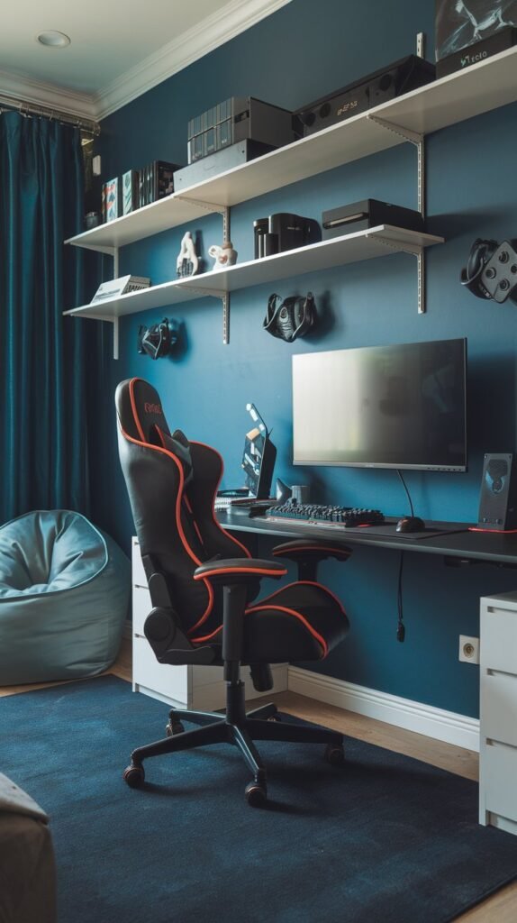 A room with blue walls has a dark gaming chair with orange accents, a desk and shelves.