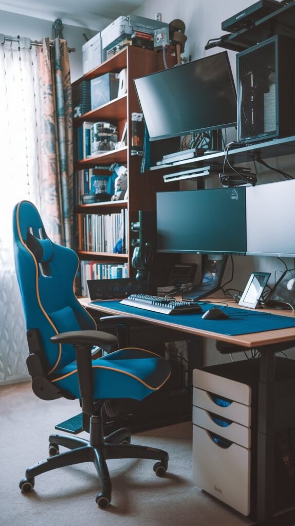 A gaming setup features two monitors, a blue gaming chair with yellow accents, and a bookcase.