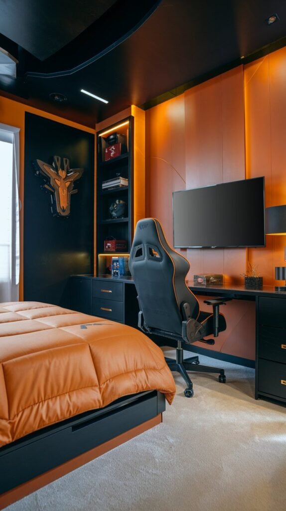 A bedroom with black and orange walls has a bed, a large mounted TV and an orange and black gaming chair.