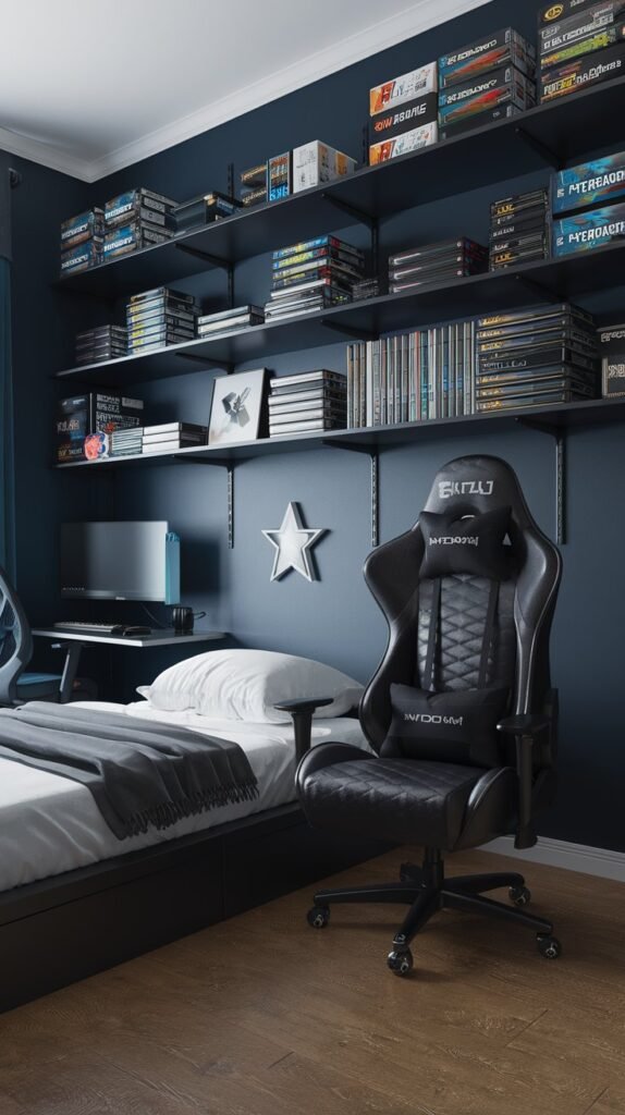 A bedroom with dark walls has a bed, shelves displaying items, and a black gaming chair.