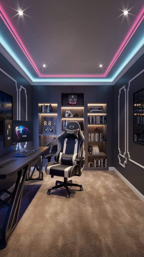 A room with dark walls and pink ceiling trim has a gaming chair with black and white accents, a desk, and a bookcase.