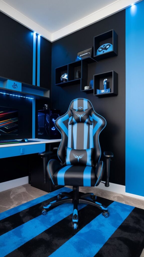 A bedroom with a blue and black color scheme has a black and blue gaming chair and a striped rug.