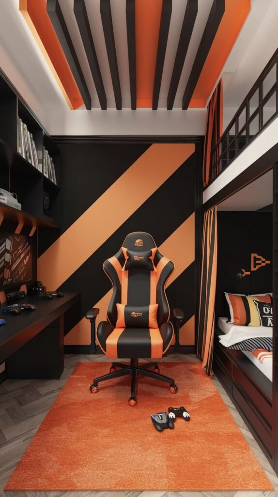 A bedroom with a black and orange color scheme has a gaming chair with black and orange accents, and a loft bed.